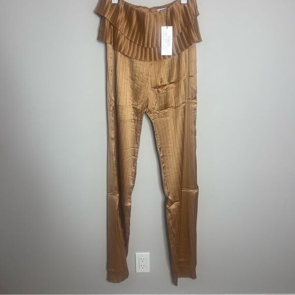 $284 Andrea lyamah Toffee Satin Pleated Linea Pant NWT - Picture 7 of 9